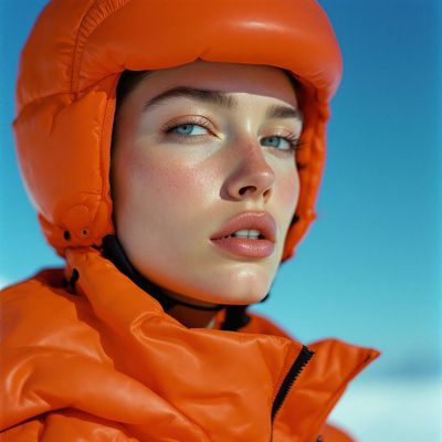 a woman wearing an orange jacket and a red hat