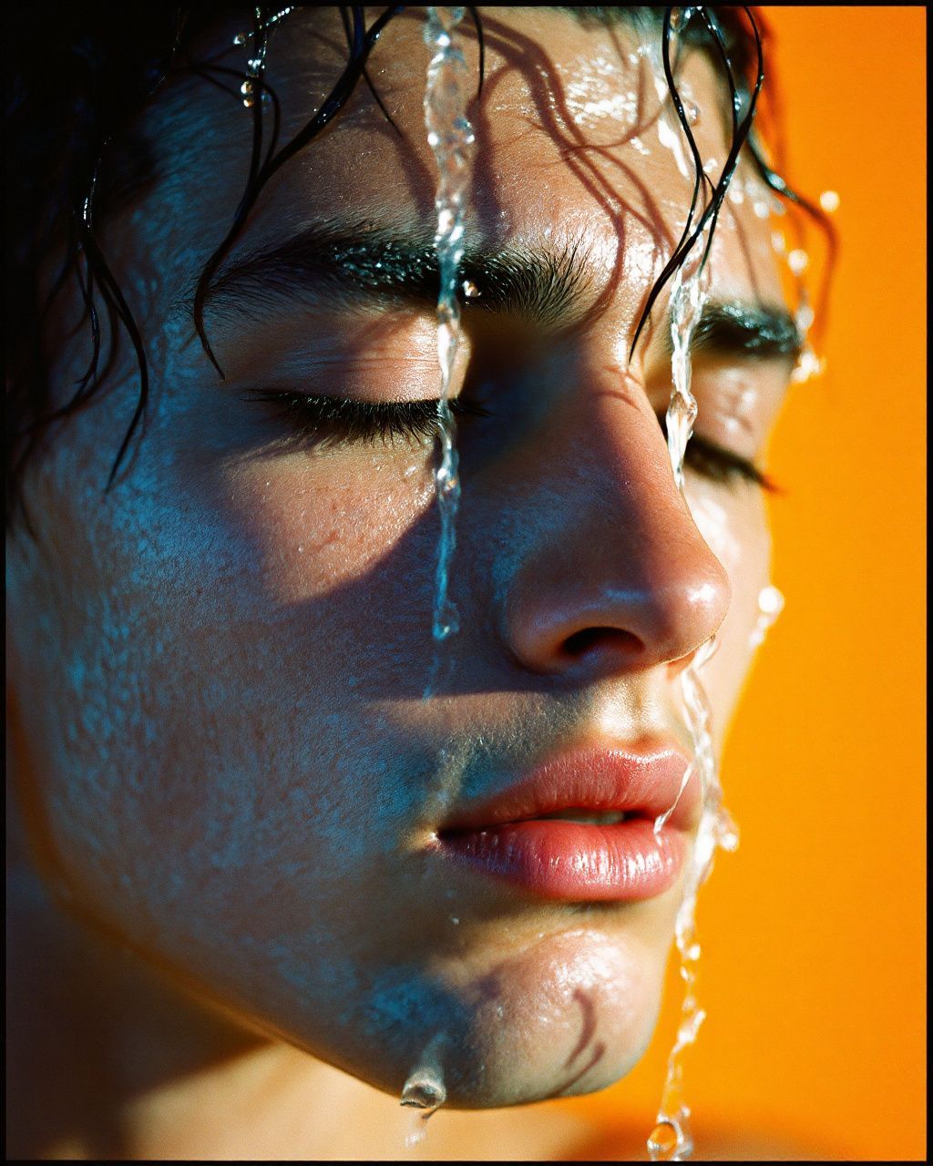 a man with his eyes closed and water dripping from his face