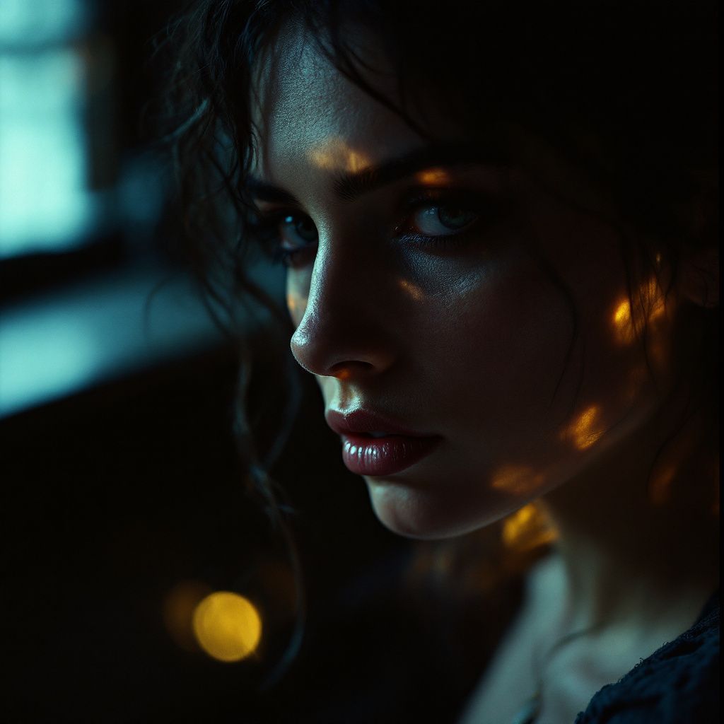 a close up of a woman's face with bright lights in the background