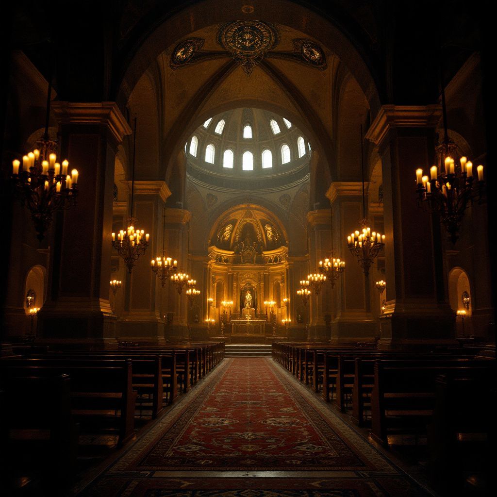 a dimly lit church with a red carpet and chandeliers