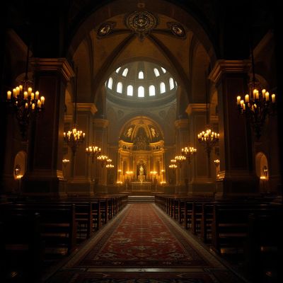 a dimly lit church with a red carpet and chandeliers