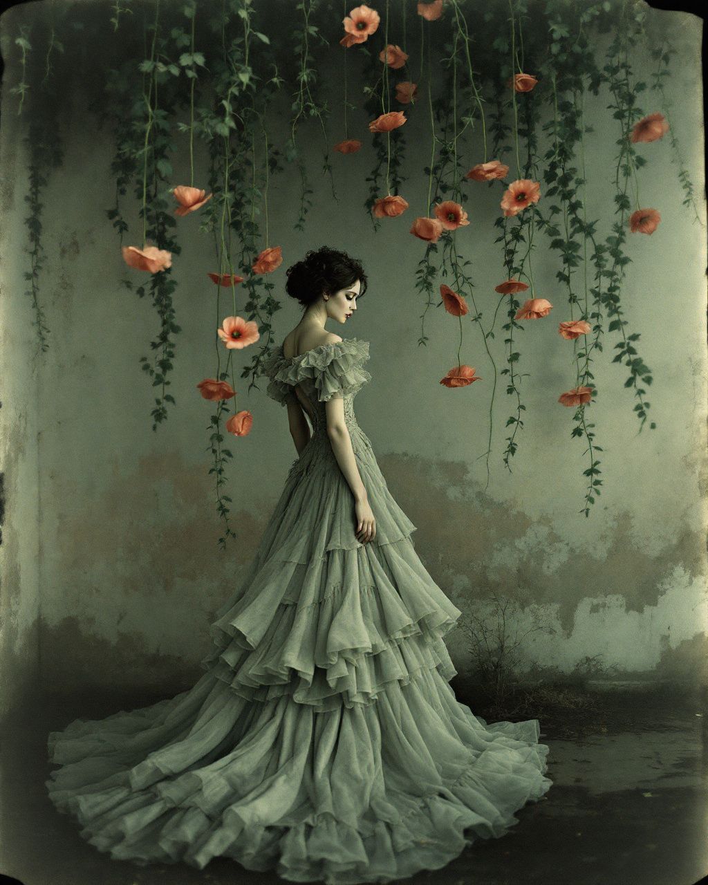 a woman in a dress standing in front of flowers