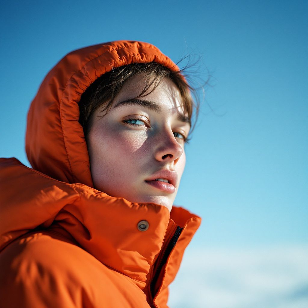 a woman in an orange jacket looking off into the distance