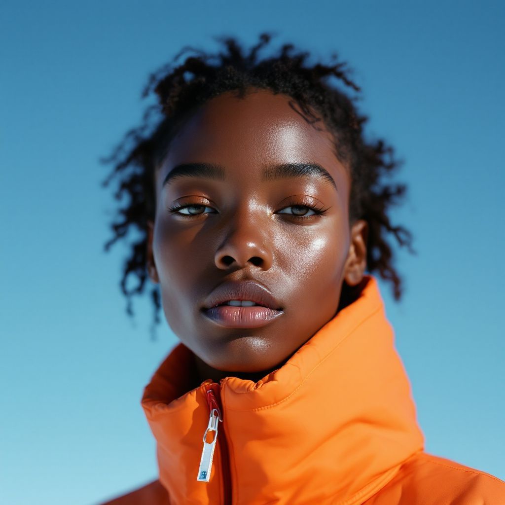 a woman in an orange jacket looking at the camera