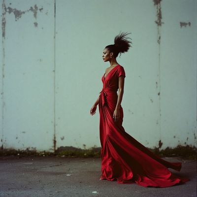 a woman in a red dress is standing in front of a wall