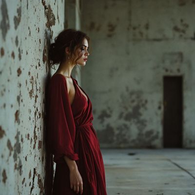 a woman in a red dress leaning against a wall