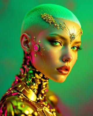 a woman with green hair and gold jewelry