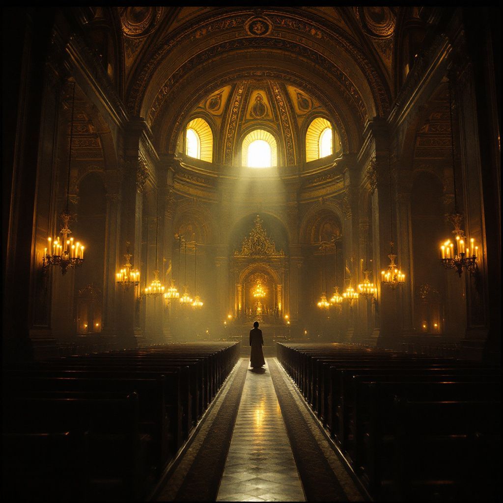 a person standing in a church with a light coming from the ceiling