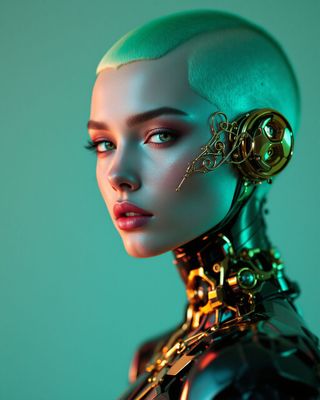 a woman with green hair and a robot suit