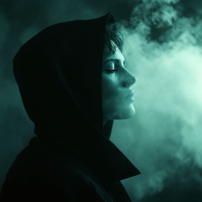 a woman in a hooded jacket with a cigarette in her mouth