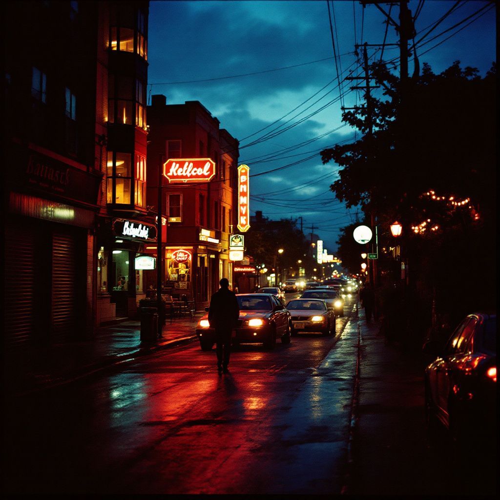 a city street at night with cars parked on the side of the road