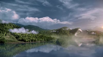 a painting of a lake surrounded by trees