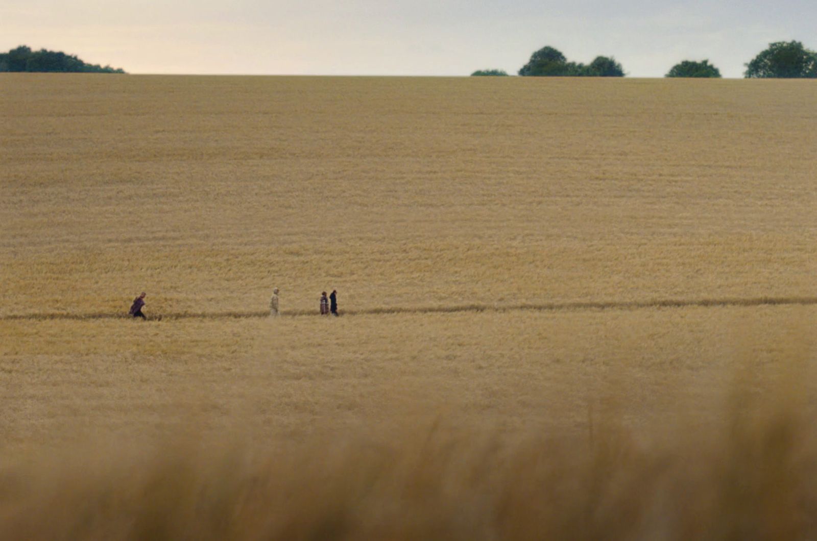 a group of people walking across a dry grass field