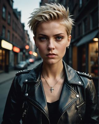 a woman in a black leather jacket standing on a street