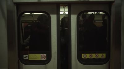 a subway train door with a person standing in it