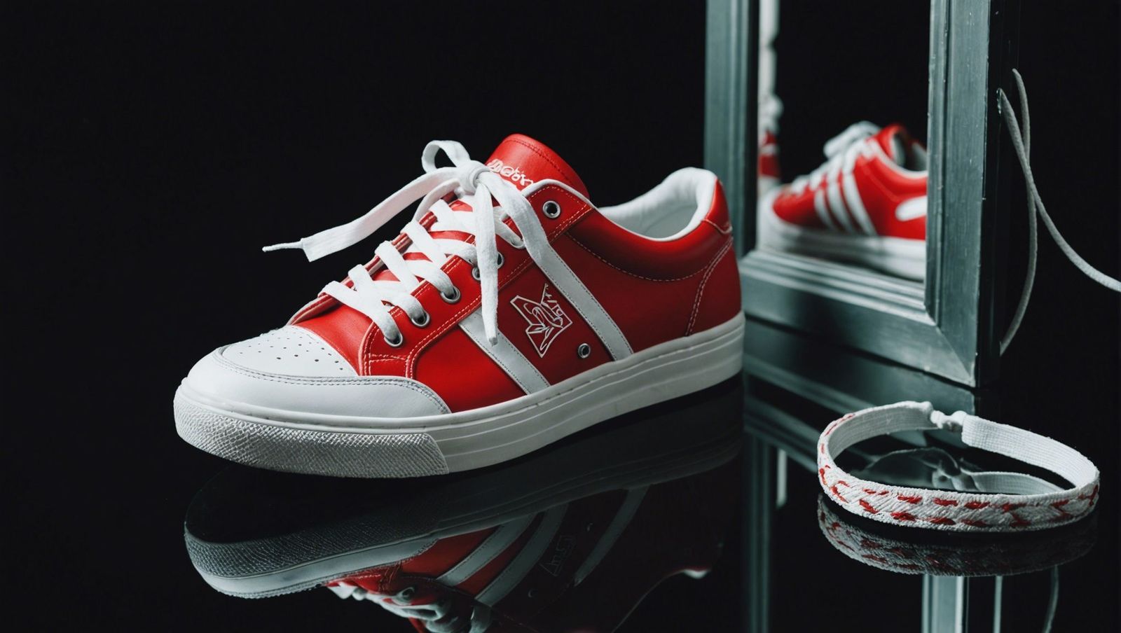 a pair of red and white sneakers sitting on top of a table