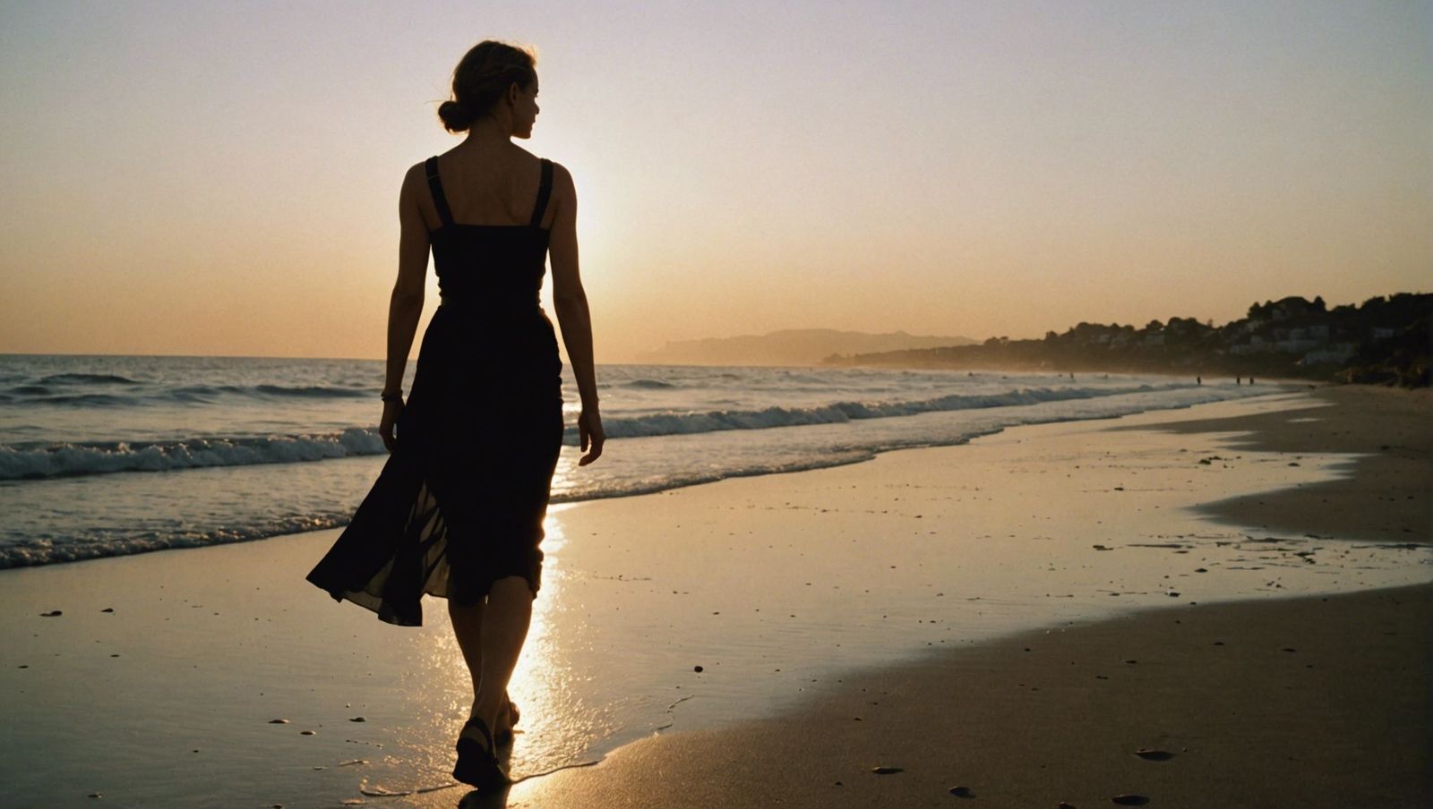 a woman walking on the beach at sunset