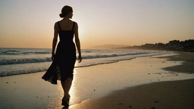 a woman walking on the beach at sunset