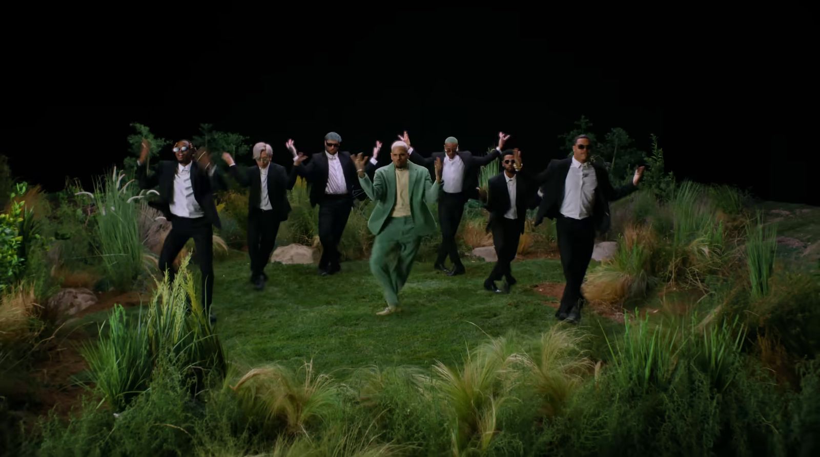 a group of people standing on top of a lush green field