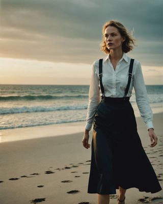 a woman walking on a beach next to the ocean