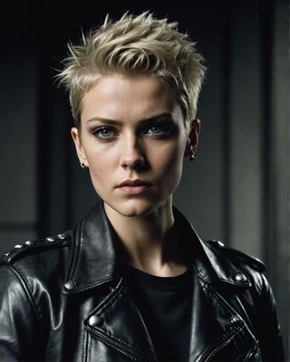 a woman in a black leather jacket posing for a picture