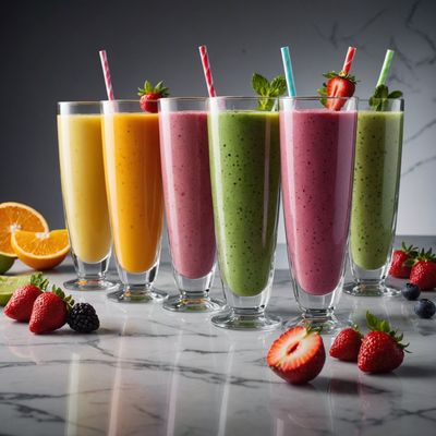 a row of glasses filled with different types of smoothies