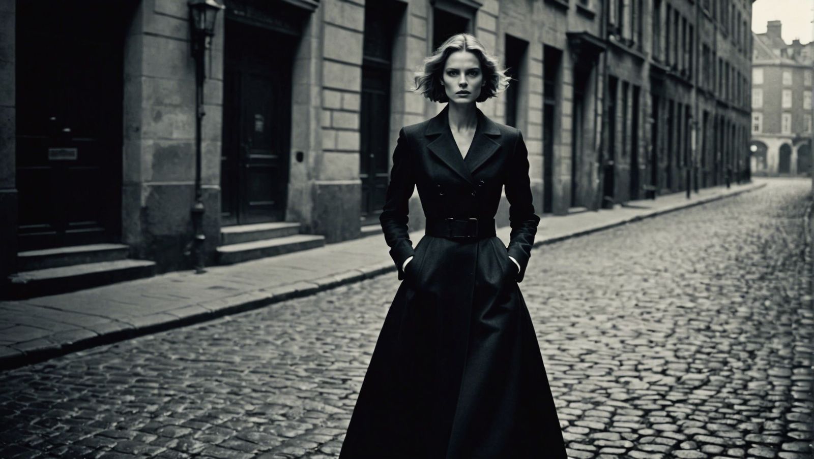 a woman in a long black dress standing on a cobblestone street