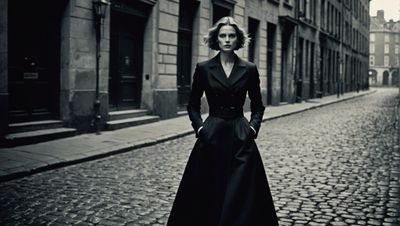 a woman in a long black dress standing on a cobblestone street