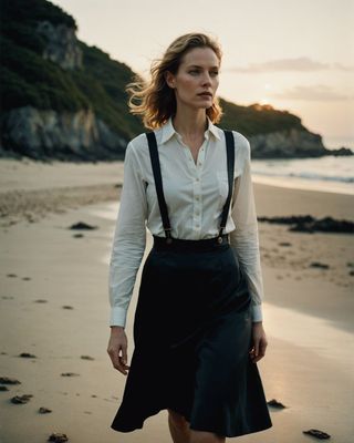 a woman walking on a beach next to the ocean