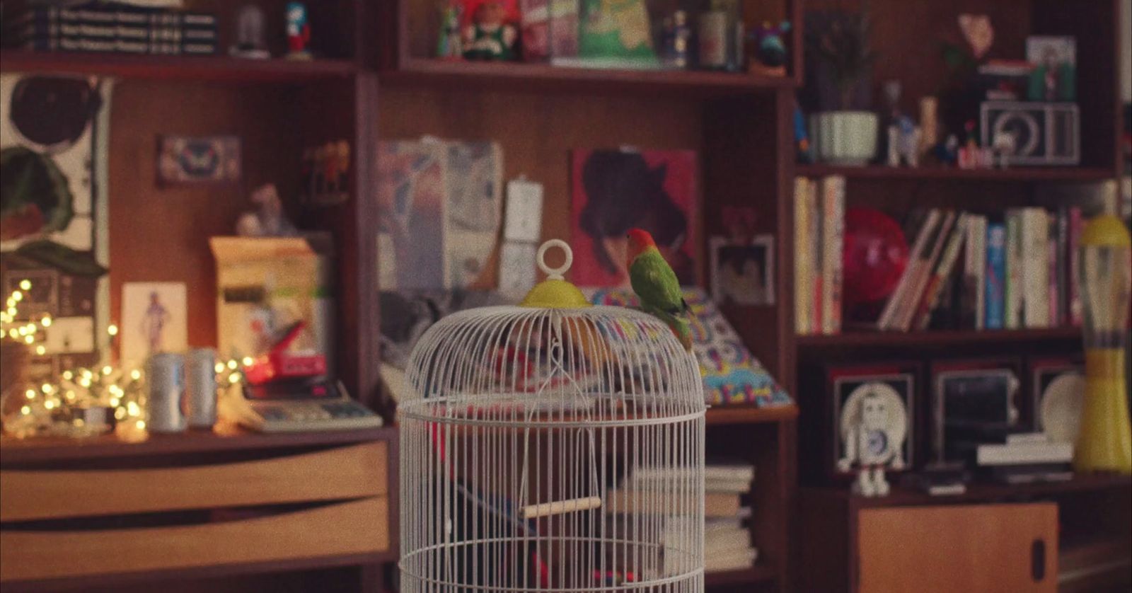 a bird in a cage sitting on top of a table