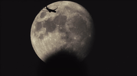 a plane flying in front of a full moon