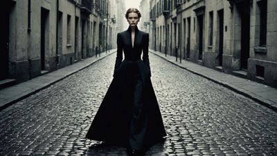 a woman in a long black dress walking down a street