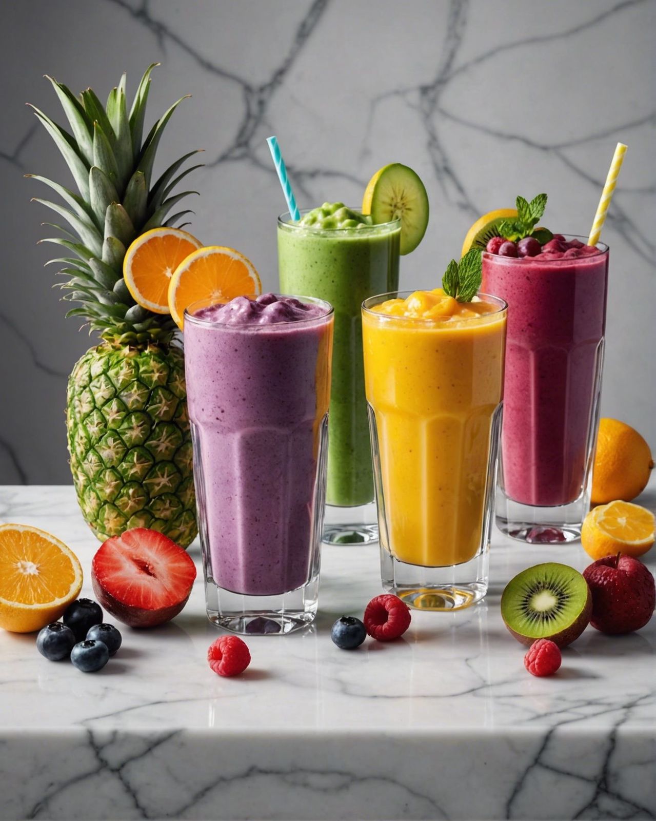 a table topped with three glasses filled with different types of smoothies