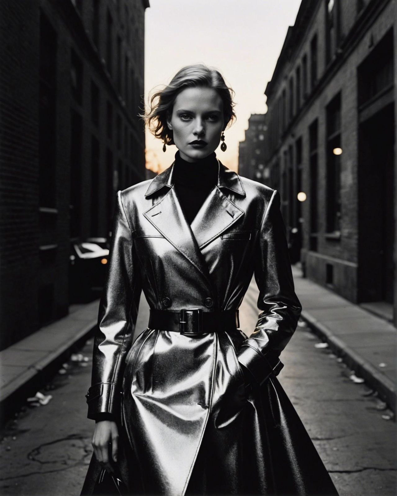 a woman in a trench coat standing on a sidewalk