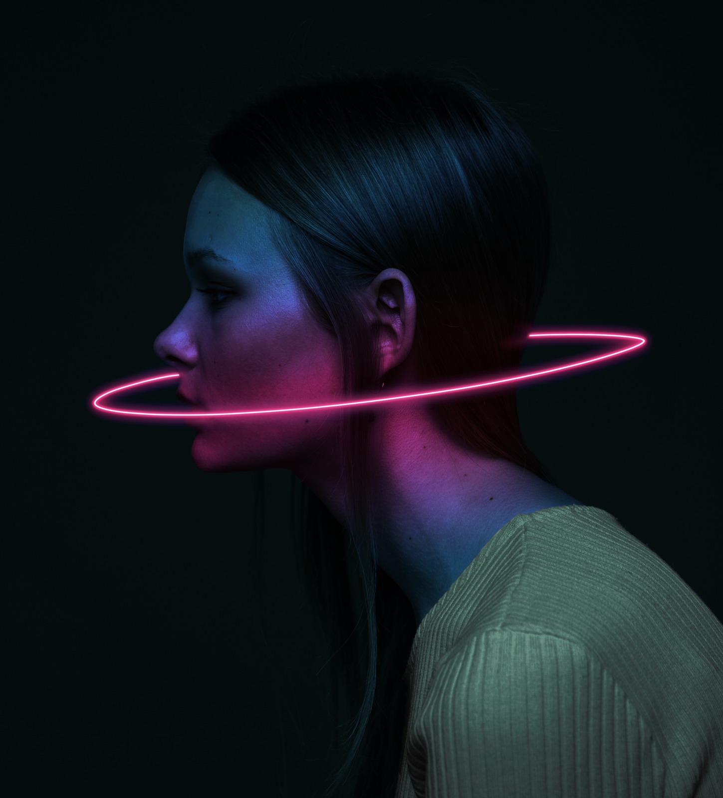 a woman with a neon ring around her neck