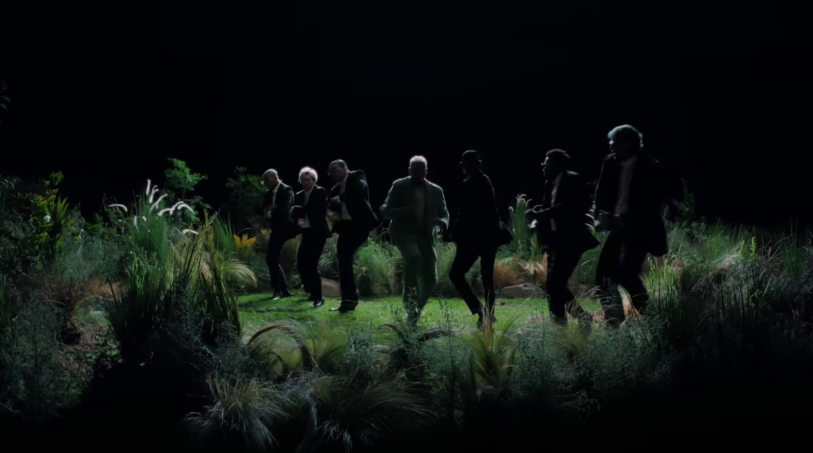 a group of people walking through a lush green field