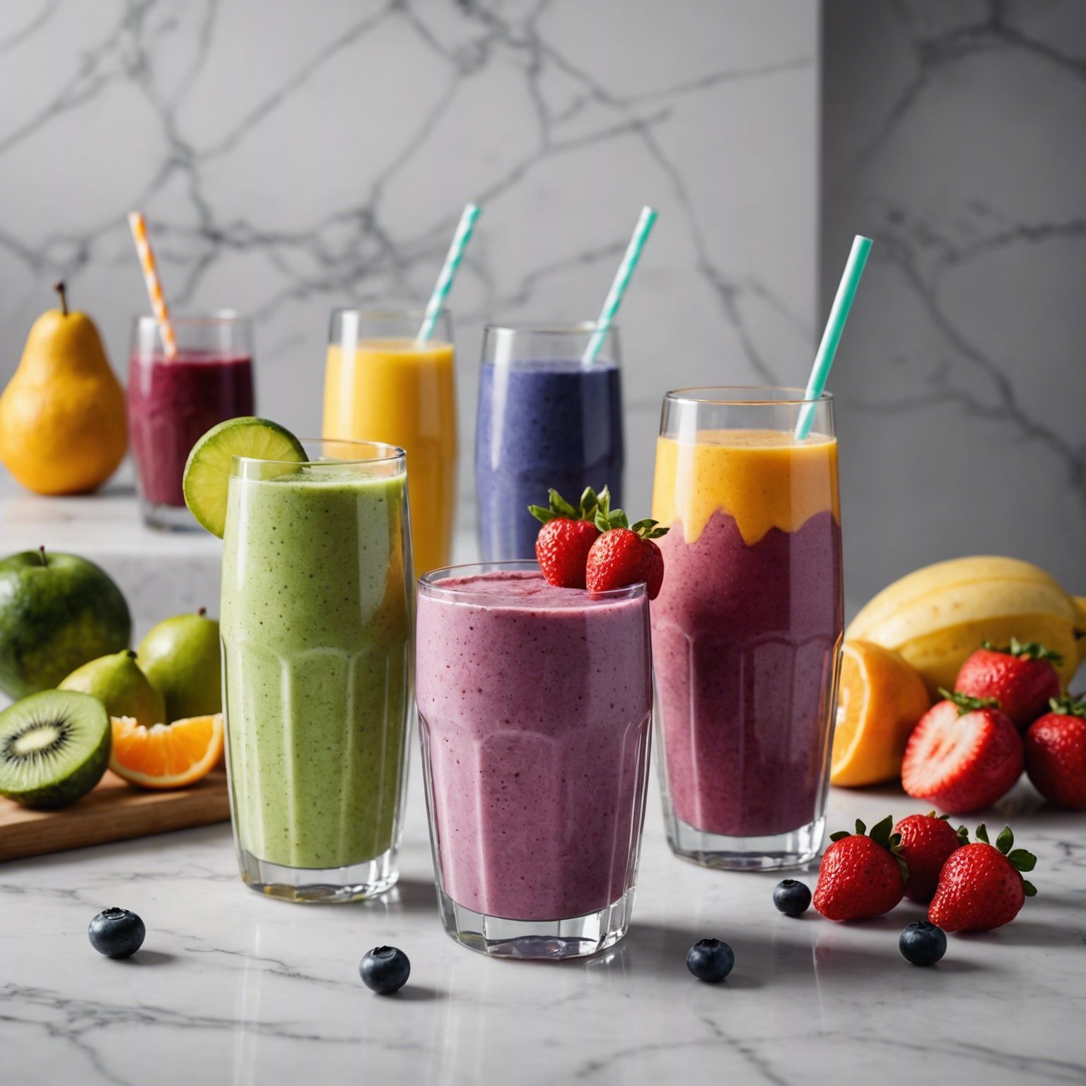 a variety of smoothies are lined up on a table