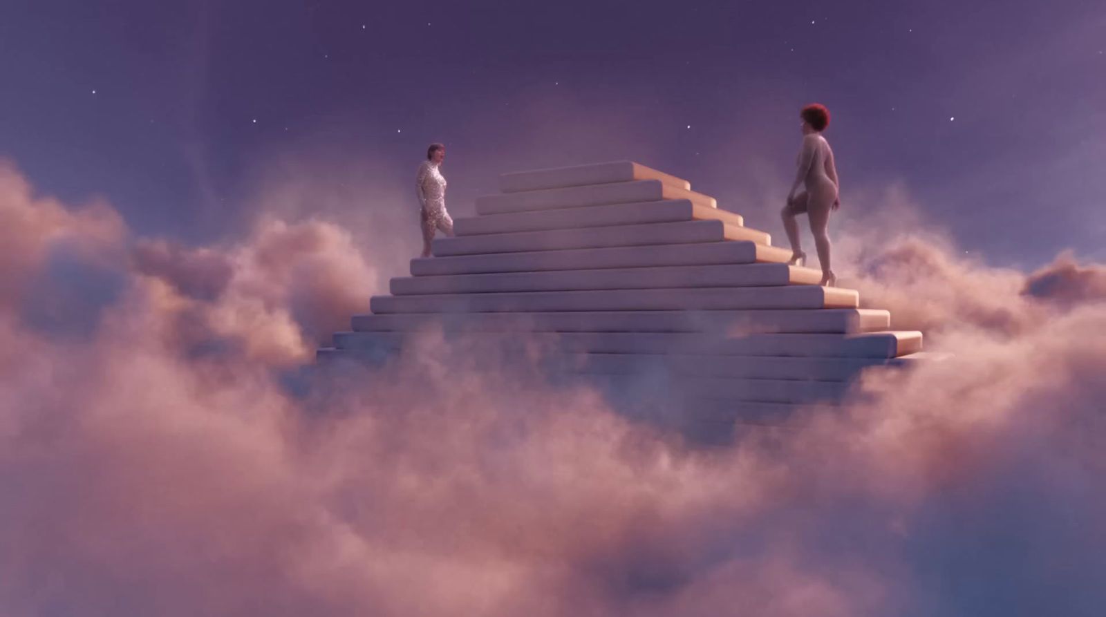 two people standing on a stair in the clouds