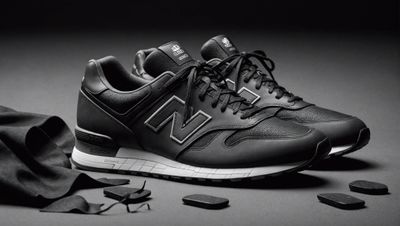 a black and white photo of a pair of new balance shoes