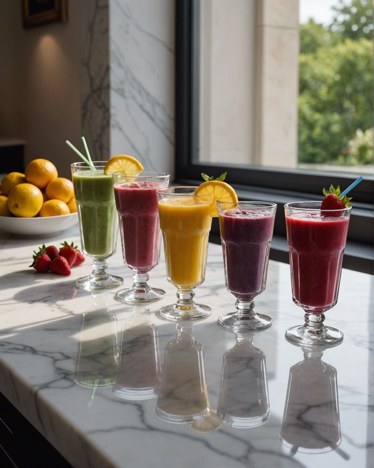 a group of glasses filled with different types of smoothies