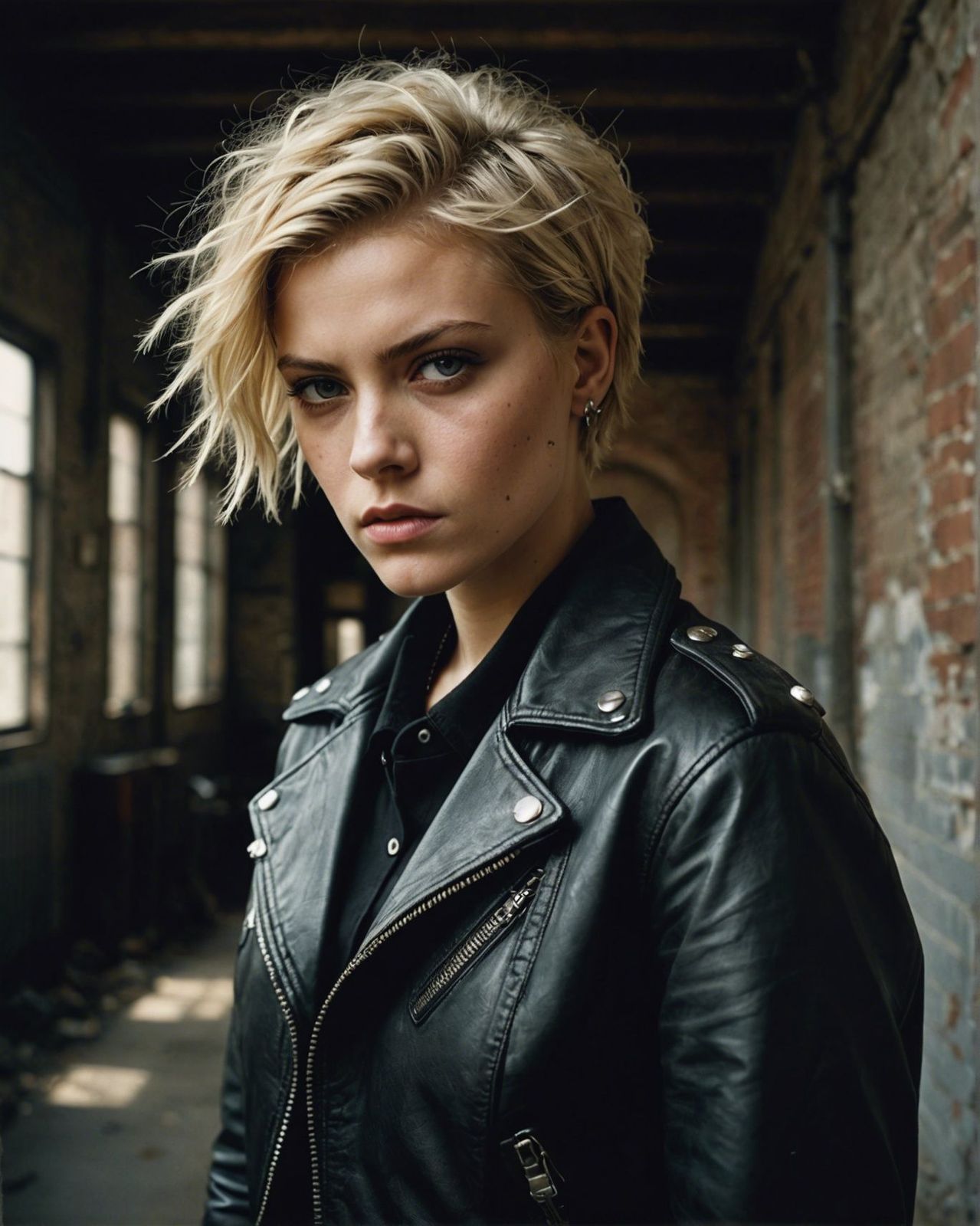 a woman in a black leather jacket posing for a picture