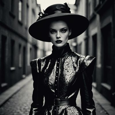 a woman in a hat and dress standing on a street