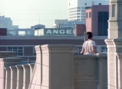 a person standing on a ledge with a city in the background