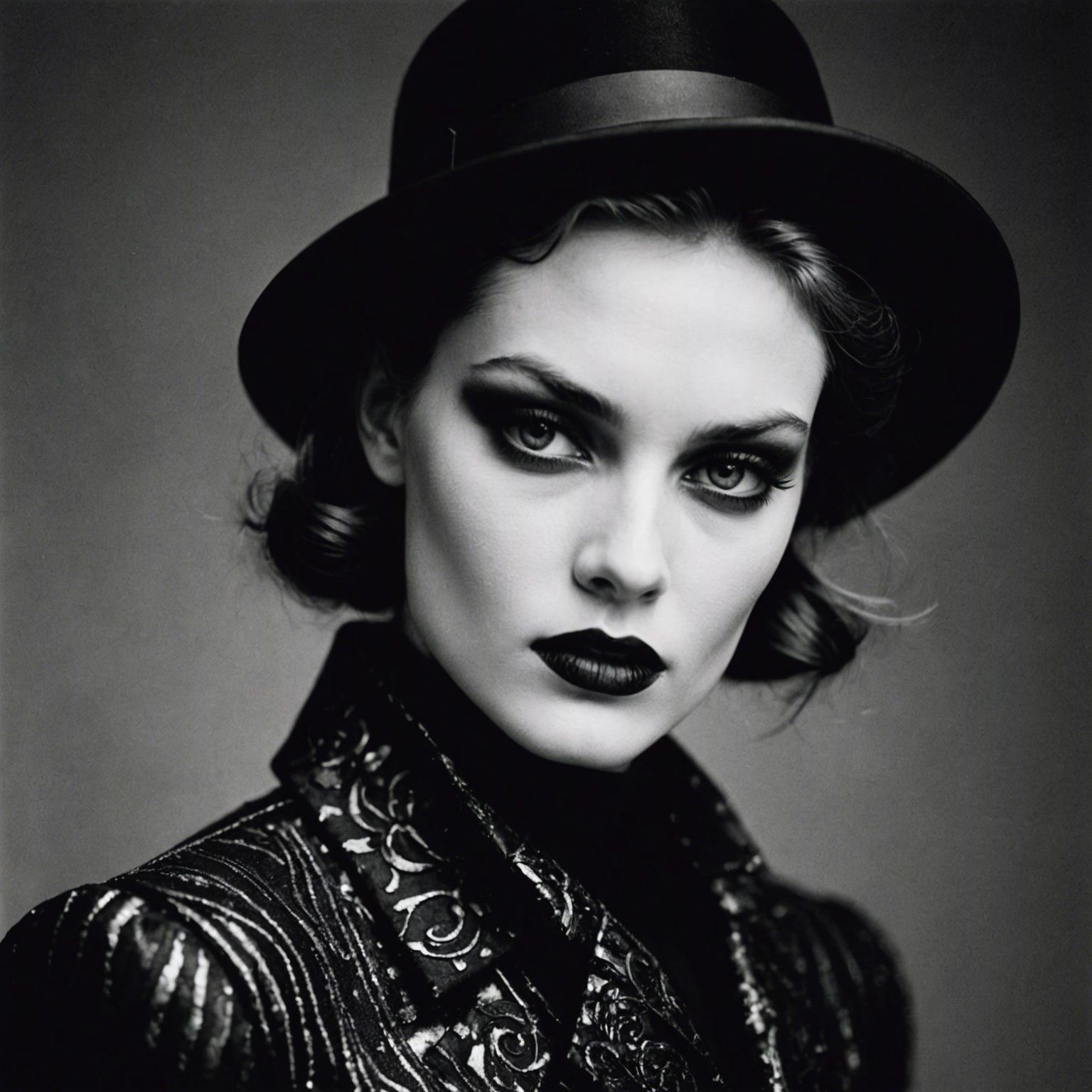 a woman wearing a hat and black lipstick