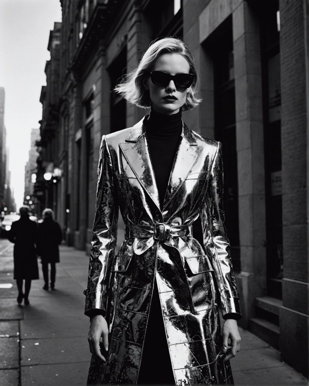 a woman in a shiny coat is standing on a sidewalk