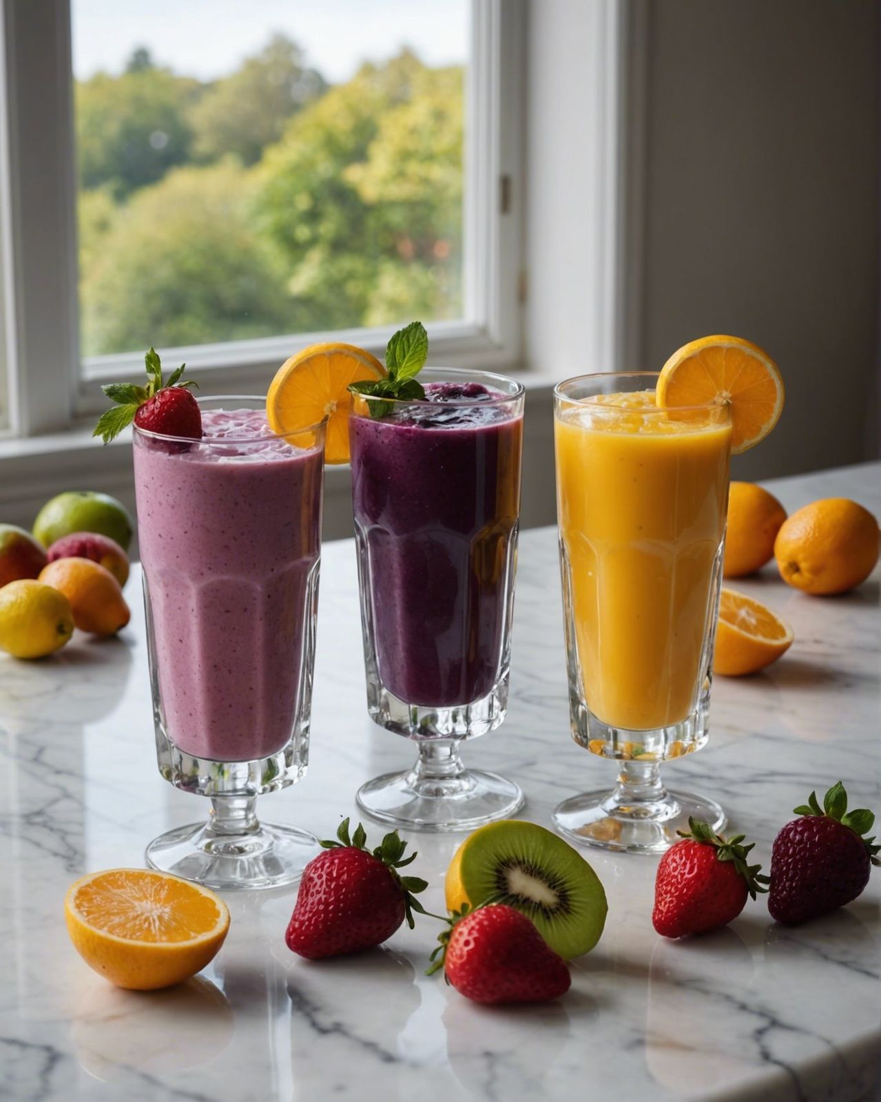 three glasses of smoothie on a marble table