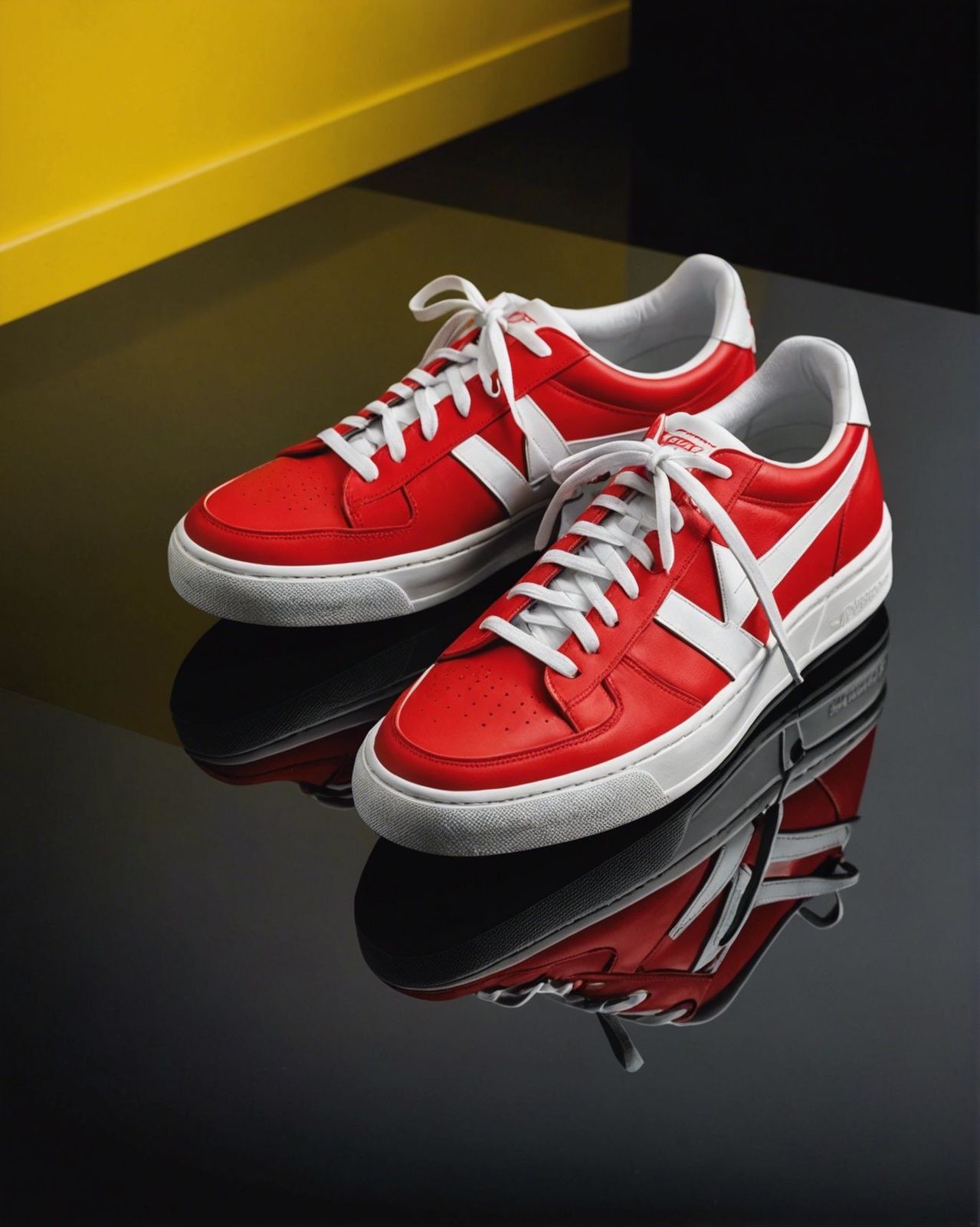 a pair of red and white sneakers on a reflective surface