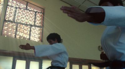 two people in white shirts and black pants doing karate