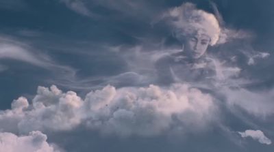 a painting of a woman's face in the clouds