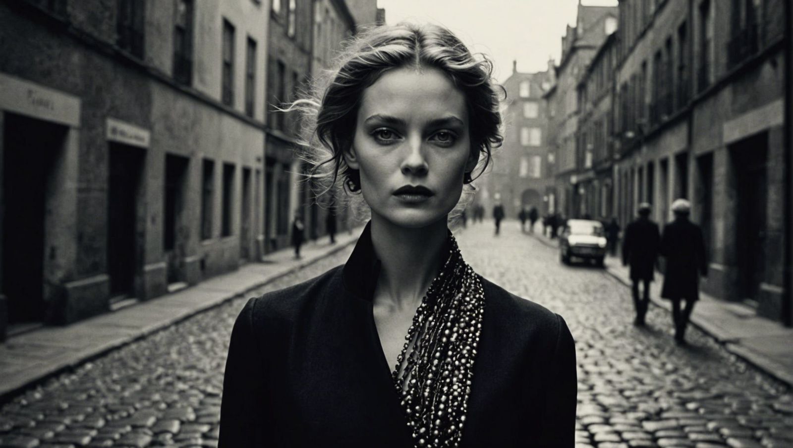 a woman standing on a cobblestone street in a black and white photo